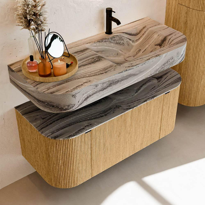 MONDIAZ THOR-DLUX 110cm badmeubel ronding links + rechts kleur Oak met 1 lade en 2 deuren. Vrijhangende wastafel CLOUD Rechts 1 kraangat kleur Sombra.