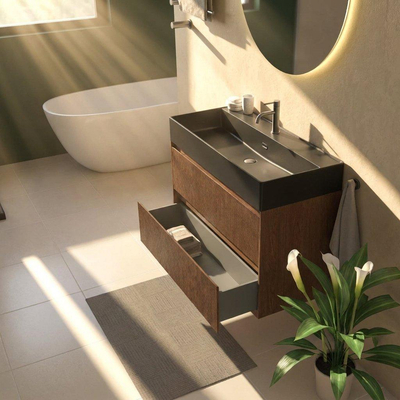 Saniclass Holz Atelier Badkamermeubelset - 100x45x72cm - Legend keramische wastafel mat zwart - 1 wasbak - 1 kraangat - 2 lades - mat walnut pure (hout)
