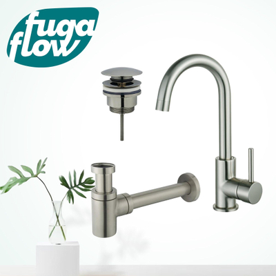 FugaFlow Eccelente Sobrado Kit robinet lavabo - robinet haut - bec rotatif - bonde clic clac - siphon design bas - Inox brossé PVD