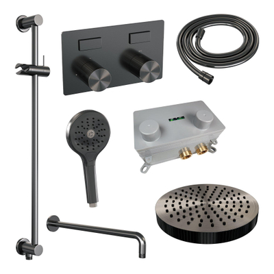 BRAUER Stripe Douche de pluie encastrée thermostatique - boutons-poussoirs - SET 35 - pomme de douche 25 cm - bras mural courbé - douchette 3 jets - flexible de douche - barre de douche intégrée - gunmetal brossé PVD