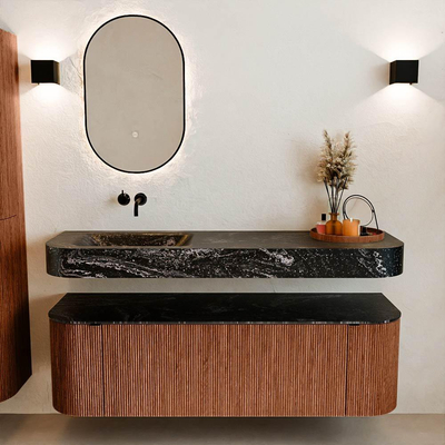 MONDIAZ THOR-DLUX 150cm meuble de salle de bains arrondi gauche + droite couleur Ruby avec 1 tiroir et 2 portes. Vasque suspendue CLOUD Gauche sans trou de robinet couleur Lava.