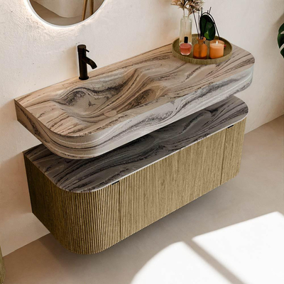 MONDIAZ THOR-DLUX 120cm meuble de salle de bains arrondi gauche + droite couleur Dusk avec 1 tiroir et 2 portes. Vasque suspendue CLOUD Gauche 1 trou de robinet couleur Sombra.