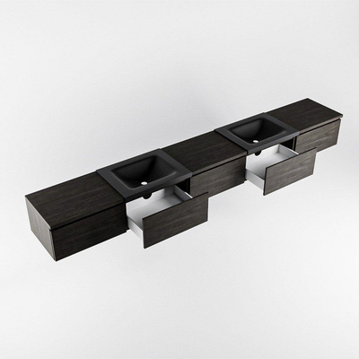 MONDIAZ BUKLA meuble de salle de bain 300cm avec module 60 couleur Marron Foncé avec 5 tiroirs. Lavabo CLOUD double 2 trous de robinet couleur Urban.