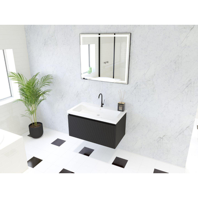 HR Matrix ensemble meuble de salle de bain 3d 80cm 1 tiroir sans poignée avec bandeau couleur noir mat avec vasque djazz 1 trou pour robinet blanc