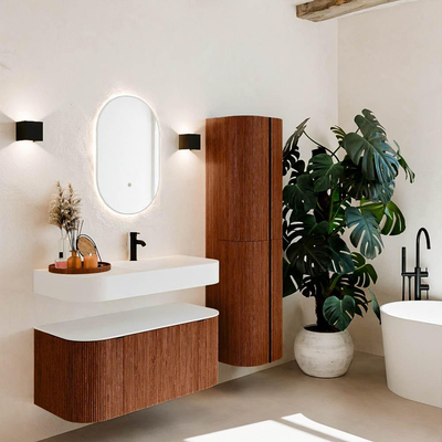 MONDIAZ THOR 100cm meuble de salle de bains arrondi gauche + droite couleur Ruby avec 1 tiroir et 2 portes. Vasque suspendue CLOUD Droite 1 trou de robinet couleur Talc.