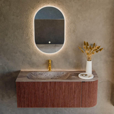 MONDIAZ KURVE-DLUX Meuble de salle de bains 115cm arrondi à droite couleur Ruby avec 1 tiroir et 1 porte. Lavabo BIG SMALL gauche 1 trou de robinet Oza.