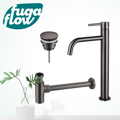 FugaFlow Eccelente Sobrado Badkamer Slim Wastafelkraanset - verhoogde wastafelkraan - klikwaste plug - design sifon - PVD Gepolijst Gunmetal