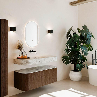 MONDIAZ THOR-DLUX 120cm meuble de salle de bains arrondi gauche + droite couleur Walnut avec 1 tiroir et 2 portes. Vasque suspendue CLOUD Milieu sans trou de robinet couleur Glace.