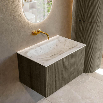 Ensemble de meuble de salle de bain Mondiaz KURVE-DLUX - 70x46x40cm - 1 tiroir - lavabo en solid surface - milieu - sans trou de robinet - Shadow