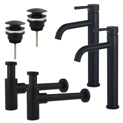 Fortifura Calvi Kit robinet lavabo - pour double vasque - robinet rehaussé - bonde clic clac - siphon design - Noir mat