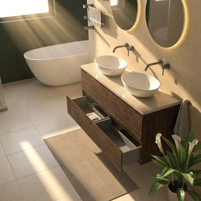 Saniclass Holz Pure Ensemble meuble de salle de bains - 140x45x63cm - Plan de travail en pierre naturelle travertin - sans trou de robinet - 4 tiroirs - chêne charcoal mat (bois)