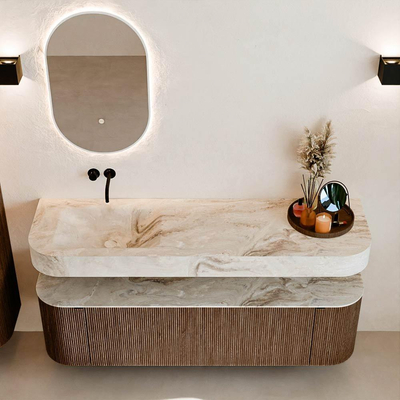 MONDIAZ THOR-DLUX 160cm badmeubel ronding links + rechts kleur Walnut met 1 lade en 2 deuren. Vrijhangende wastafel CLOUD Links zonder kraangat kleur Frappe.