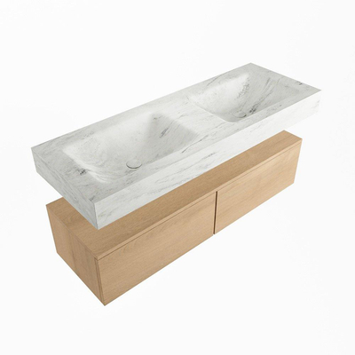 Mondiaz ALAN-DLUX Ensemble de meuble - 130cm - meuble Washed Oak mat - 2 tiroirs - Lavabo Cloud Opalo suspendu - vasque Gauche et droite - 2 trous de robinet