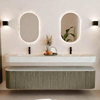 MONDIAZ THOR-DLUX 200cm meuble de salle de bains arrondi gauche + droite couleur Shadow avec 2 tiroirs et 2 portes. Vasque suspendue CLOUD Double 2 trous de robinet couleur Opalo.