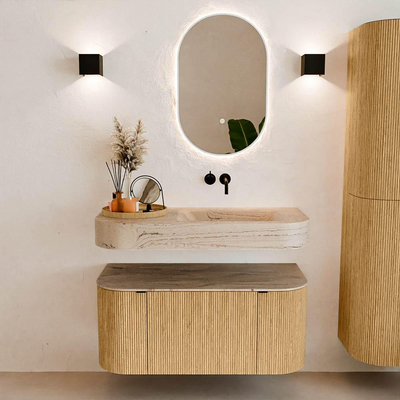 MONDIAZ THOR-DLUX 100cm badmeubel ronding links + rechts kleur Oak met 1 lade en 2 deuren. Vrijhangende wastafel CLOUD Rechts zonder kraangat kleur Arena.