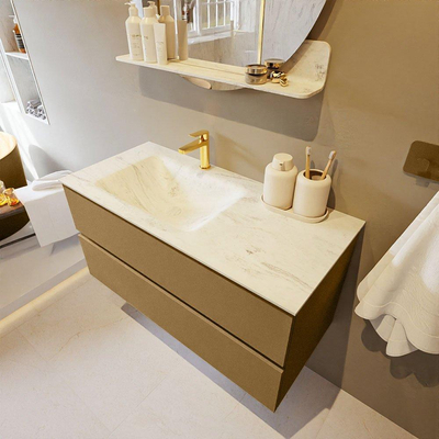 Mondiaz VICA-DLUX ensemble de meuble de salle de bain - 100cm - meuble sous-vasque oro - 2 tiroirs - lavabo encastré cloud gauche - 1 trou de robinet - version haute de 60cm - opalo