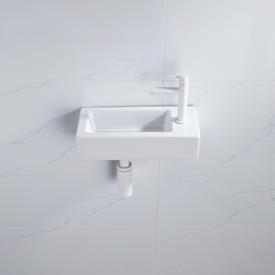 QeramiQ Fuente pack lave-mains – 37,5 x 18,5 x 9 cm – céramique blanc brillant – perçage à droite – robinet blanc mat