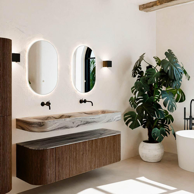 MONDIAZ THOR-DLUX 150cm meuble de salle de bains arrondi gauche + droite couleur Walnut avec 1 tiroir et 2 portes. Vasque suspendue CLOUD Double sans trou de robinet couleur Sombra.