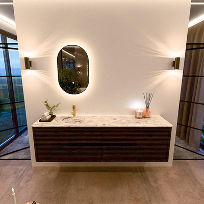 Mondiaz CIRO-DLUX Ensemble meuble de salle de bains - 180x45x50cm - Plan vasque solid surface Glace - 1 lavabo à gauche - 1 trou de robinet - 4 tiroirs - Noyer