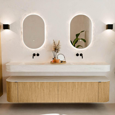 MONDIAZ THOR-DLUX 200cm meuble de salle de bains arrondi gauche + droite couleur Oak avec 2 tiroirs et 2 portes. Vasque suspendue CLOUD Double sans trou de robinet couleur Meli.