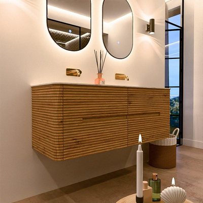 Mondiaz CIRO-DLUX Badkamermeubelset - 130x45x50cm - Solid surface wastafel Ostra - 2 wasbak Dubbel - zonder kraangaten - 4 lades - Oak