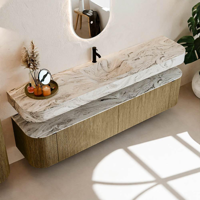 MONDIAZ THOR-DLUX 200cm meuble de salle de bains arrondi gauche + droite couleur Dusk avec 2 tiroirs et 2 portes. Vasque suspendue CLOUD Milieu 1 trou de robinet couleur Glace.