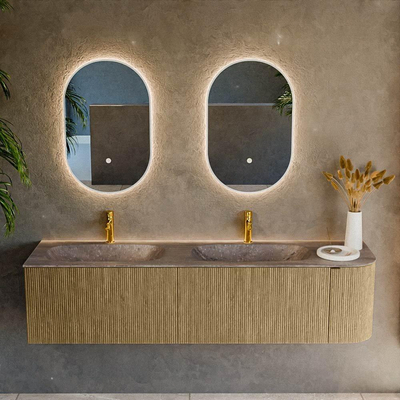MONDIAZ KURVE-DLUX meuble de salle de bains 175 cm arrondi à droite couleur Dusk avec 2 tiroirs et 1 porte. Lavabo STOR SMALL double / gauche 2 trous de robinet Oza.