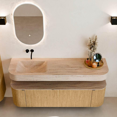 MONDIAZ THOR-DLUX 160cm badmeubel ronding links + rechts kleur Oak met 1 lade en 2 deuren. Vrijhangende wastafel CLOUD Links zonder kraangat kleur Saba.