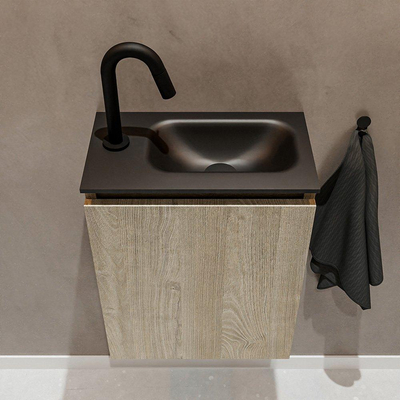 MONDIAZ TURE Fonteinset 40x23x50cm 1 kraangat 1 deur light brown grey mat Wasbak rechts Solid Surface Zwart met hotbath fonteinkraan opbouw chroom SHOWROOMMODEL