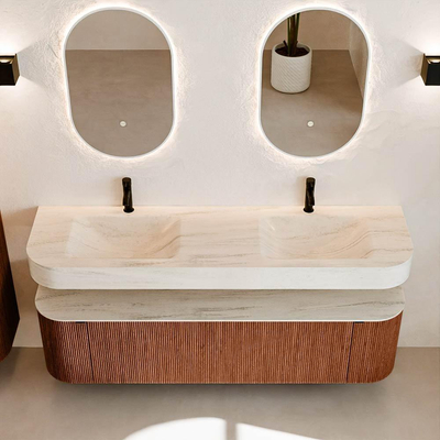 MONDIAZ THOR-DLUX 170cm meuble de salle de bains arrondi gauche + droite couleur Ruby avec 1 tiroir et 2 portes. Vasque suspendue CLOUD Double 2 trous de robinet couleur Meli.