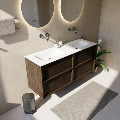 Saniclass Holz Frame Ensemble de meubles de salle de bains - 140x45x61.5cm - Lavabo Flow en solid surface blanc - 2 vasques - sans trous de robinetterie - 4 tiroirs - chêne charcoal mat (bois)