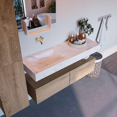 Mondiaz ALAN-DLUX Ensemble de meuble - 130cm - meuble Washed Oak mat - 2 tiroirs - Lavabo Cloud Ostra suspendu - vasque Gauche - 0 trous de robinet