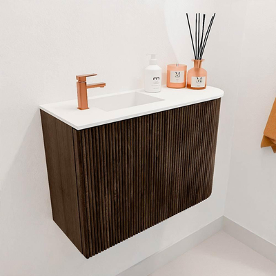 Mondiaz JOYA 61.6cm toiletmeubel - ronding rechts kleur Walnut - Wastafel FAYE positie Links 1 kraangat kleur Talc.