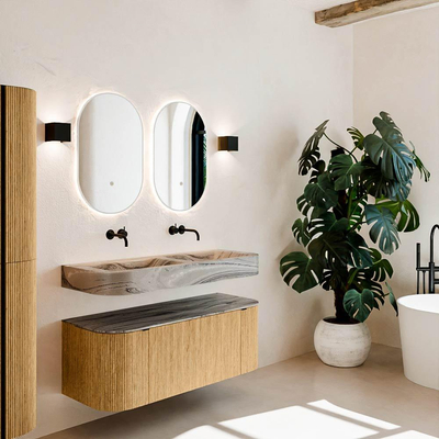 MONDIAZ THOR-DLUX Meuble de salle de bains 120cm arrondi gauche + droite couleur Oak avec 1 tiroir et 2 portes. Vasque suspendue CLOUD Double sans trou de robinet couleur Sombra.