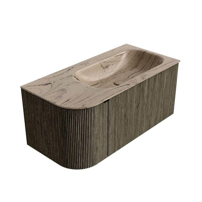 MONDIAZ KURVE-DLUX Meuble de salle de bains 95cm arrondi à gauche couleur Shadow avec 1 tiroir et 1 porte. Plan-vasque BIG SMALL à droite sans trou de robinet Arena.