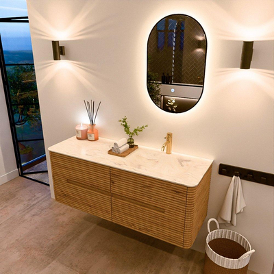 Mondiaz CIRO-DLUX Meuble de salle de bains - 130x45x50cm - Plan-vasque en solid surface Ostra - 1 vasque à droite - 1 trou de robinet - 4 tiroirs - Chêne