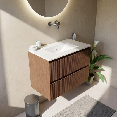 Saniclass Holz Atelier Ensemble meuble de salle de bains - 80x45x62cm - Lavabo Vygo en céramique blanc - 1 vasque - sans trou de robinet - 2 tiroirs - mat walnut pure (bois)