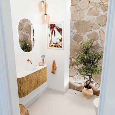 Mondiaz JOYA 93.2cm toiletmeubel - ronding links en rechts kleur Oak - Wastafel FAYE positie Midden Zonder kraangat kleur Talc.