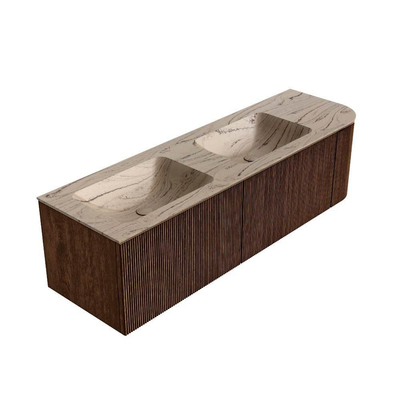 MONDIAZ KURVE-DLUX Meuble de salle de bains 155cm arrondi à droite couleur Walnut avec 2 tiroirs et 1 porte. Lavabo LEAF Double / Gauche sans trou de robinet Arena.