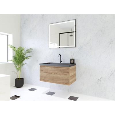 HR Matrix ensemble meuble de salle de bain 3d 80cm 1 tiroir sans poignée avec bandeau en coloris chêne français avec vasque djazz 1 trou robinet noir mat