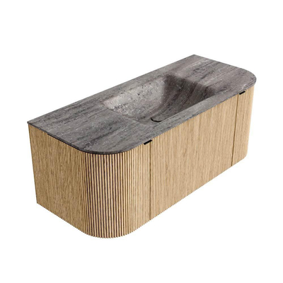 MONDIAZ KURVE-DLUX 110cm badmeubel ronding Links + Rechts kleur Oak met 1 lade en 2 deuren. Wastafel CLOUD Midden zonder kraangat Oza.