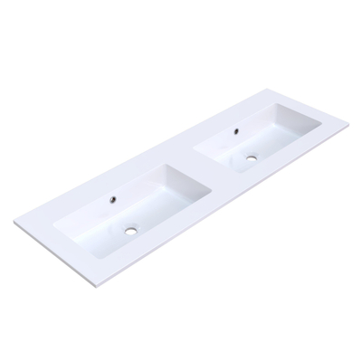 Arcqua Mira Lavabo encastré - 141x46x1.5cm - double vasque - sans trou de robinet - marbre de synthèse - blanc brillant
