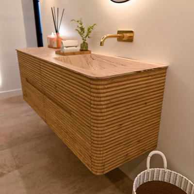 Mondiaz CIRO-DLUX Badkamermeubelset - 140x45x50cm - Solid surface wastafel Arena - 1 wasbak Rechts - zonder kraangaten - 4 lades - Oak