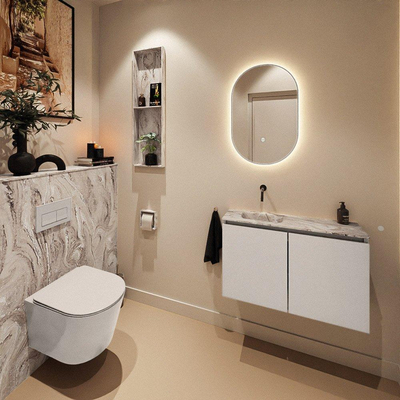 MONDIAZ TURE-DLUX Meuble de toilette 80 cm Linen. Lavabo EDEN Glace position gauche. Sans trou de robinet.