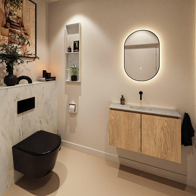 MONDIAZ TURE-DLUX meuble pour toilettes 80 cm Washed Oak. EDEN vasque Opalo position milieu. Sans trou de robinet.