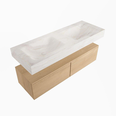 Mondiaz ALAN-DLUX Ensemble de meuble - 130cm - meuble Washed Oak mat - 2 tiroirs - Lavabo Cloud Ostra suspendu - vasque Gauche et droite - 2 trous de robinet