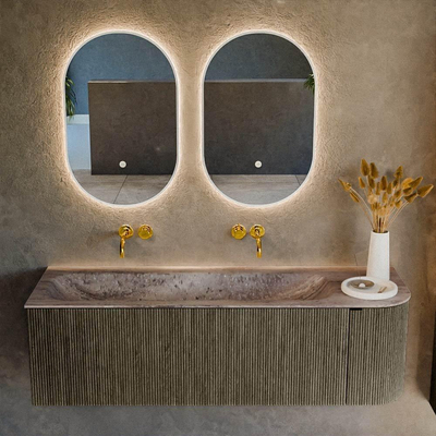 MONDIAZ KURVE-DLUX Meuble de salle de bains 145cm arrondi à droite couleur Shadow avec 1 tiroir et 1 porte. Lavabo BIG LARGE à gauche sans trou de robinet Oza.