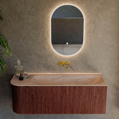 MONDIAZ KURVE-DLUX 125cm badmeubel ronding Links kleur Ruby met 1 lade en 1 deur. Wastafel BIG MEDIUM Rechts zonder kraangat Saba.