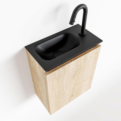 MONDIAZ TURE Fonteinset - 40x23x50cm - 1 kraangat - 1 deur - washed oak mat - Wasbak links - Solid Surface Zwart