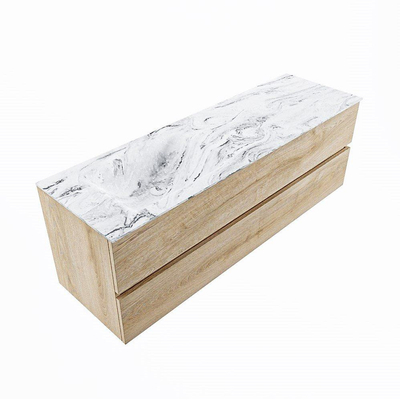 VICA-DLUX 150 cm en finition Chêne Lavé (Washed Oak), avec 2 tiroirs. Vasque encastrée CLOUD à gauche, 1 trou pour robinet, coloris Glace.